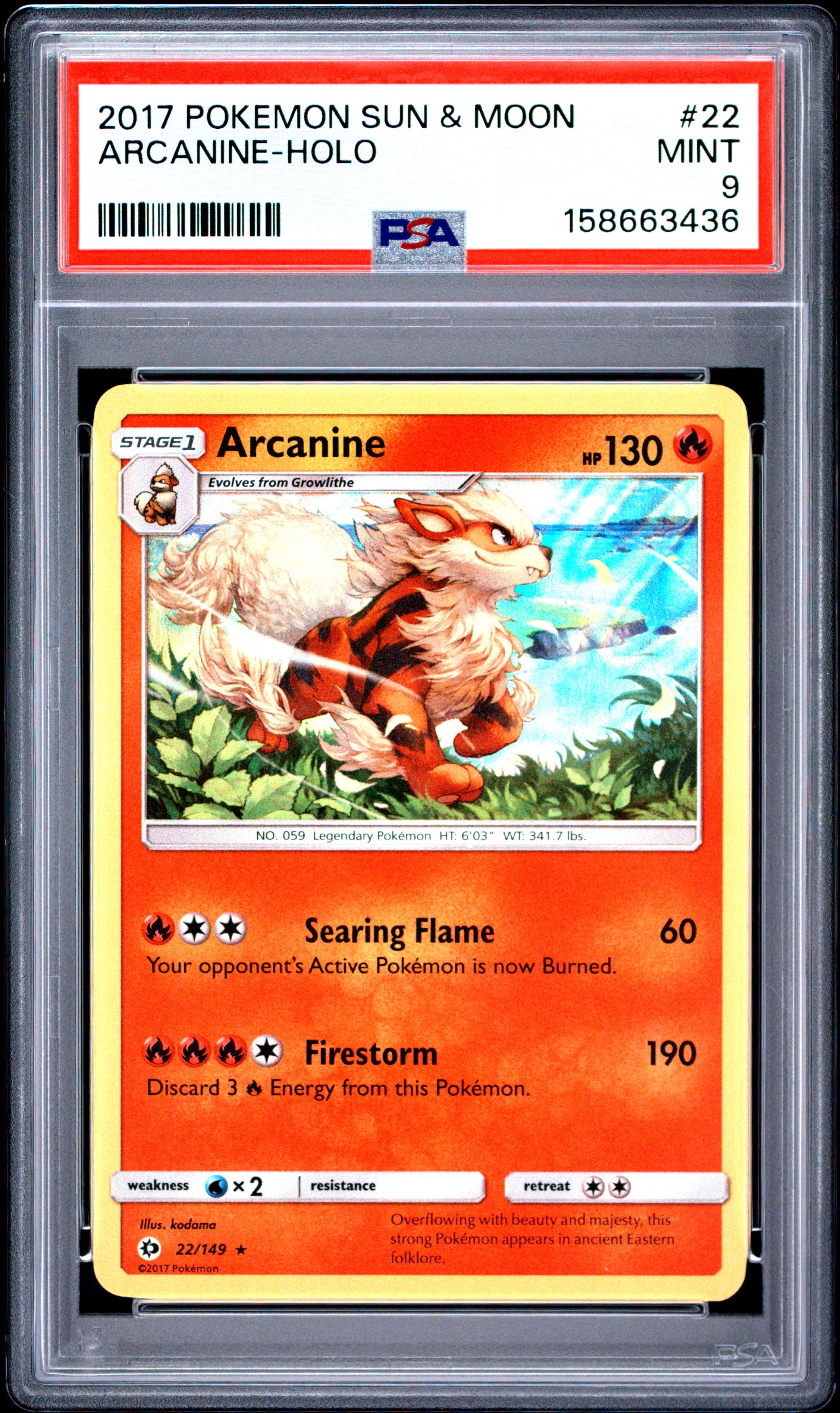 Arcanine #22 - 2017 Pokemon Sun & Moon - Holo PSA 9 - MINT