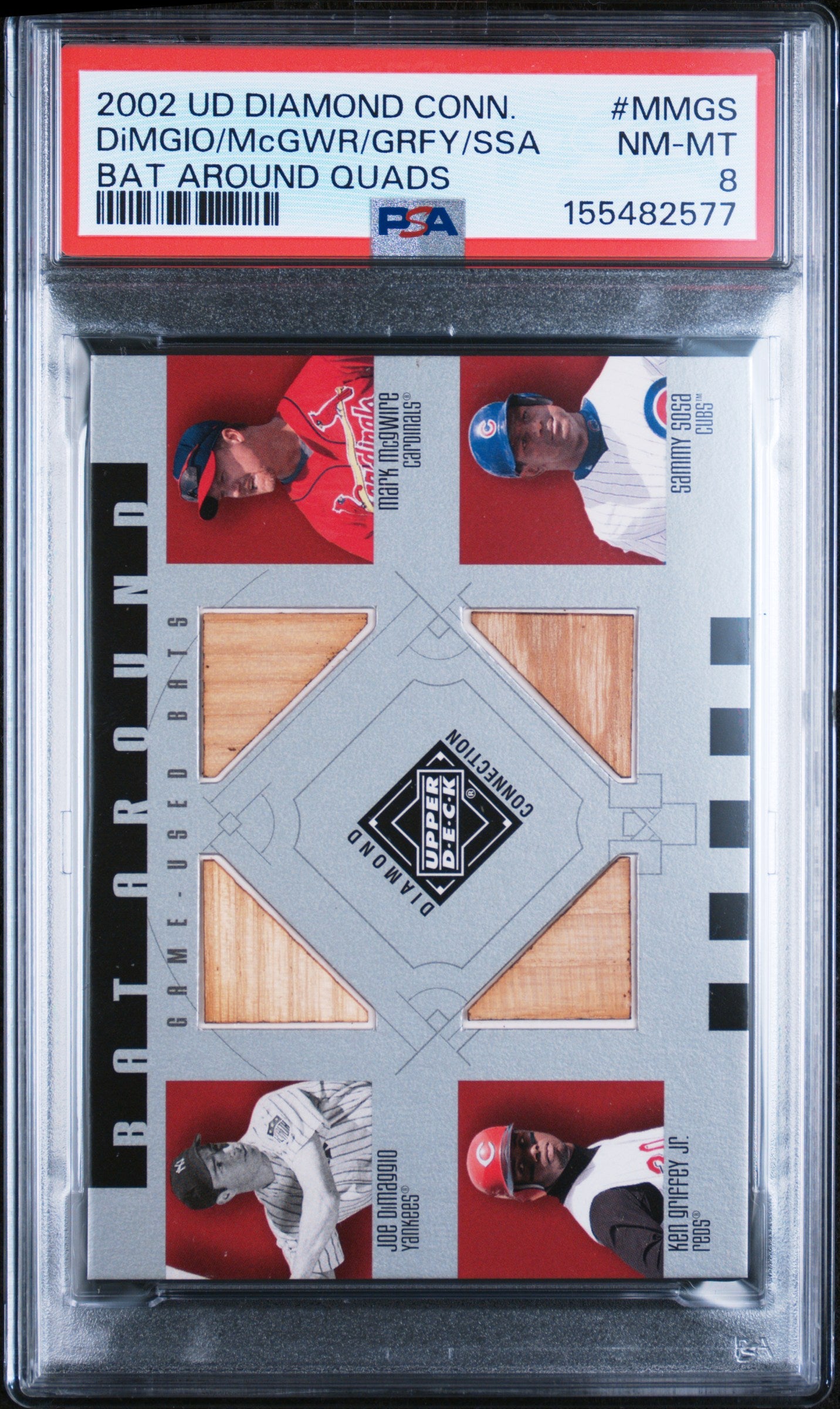 2002 Upper Deck Quad Bat #MMGS - DiMaggio/McGwire/Griffey Jr./Sosa - PSA 8